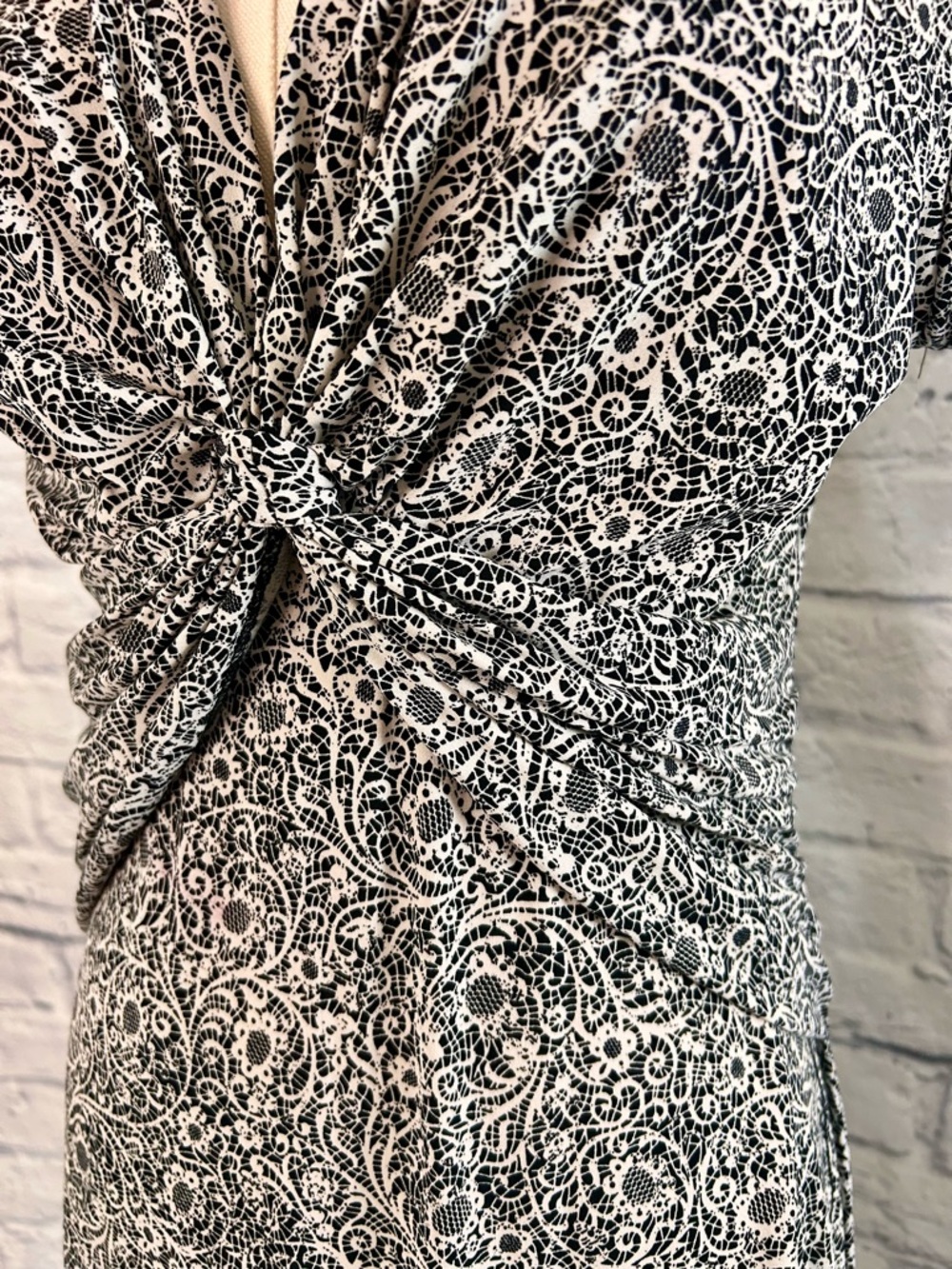 connected apparel Black White Dress Midi Floral V Neck Twist-Front Day to Night - Picture 6 of 15